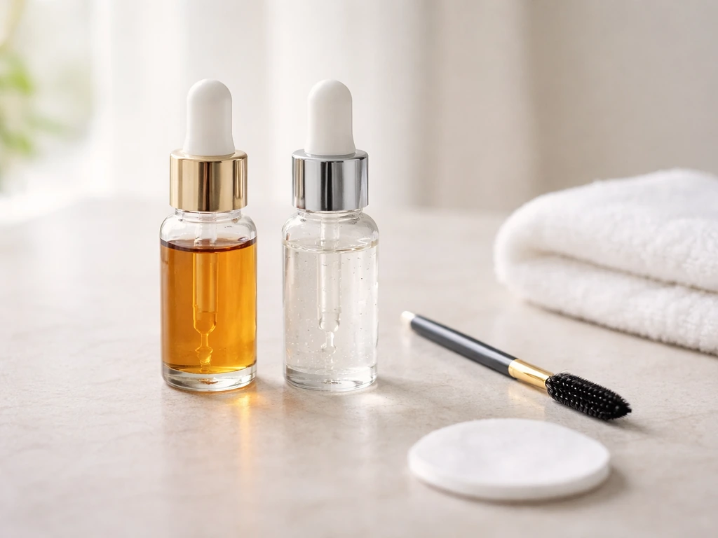Minimal desk scene with two unlabeled cosmetic dropper bottles and a small makeup brush on a neutral surface