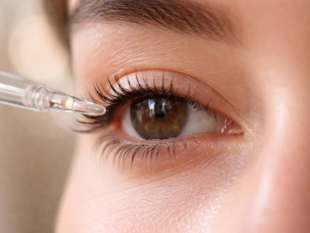 Close-up of natural upper lashes with a clear applicator tip near the lash line
