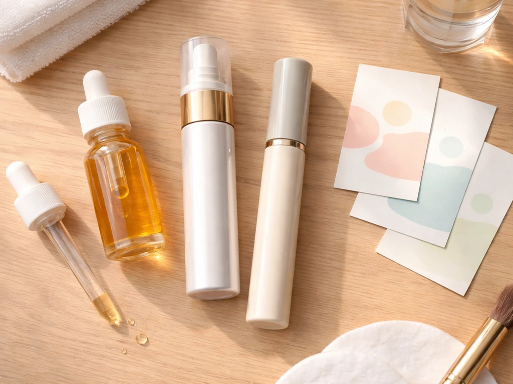 Overhead still life of lash-growth products and ingredient cards on a clean vanity surface.