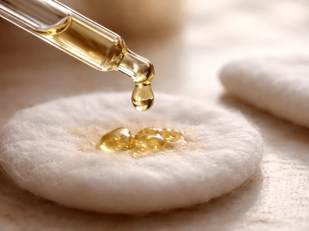 Macro photo of a castor oil dropper releasing droplets onto a cotton pad with a second swab nearby.