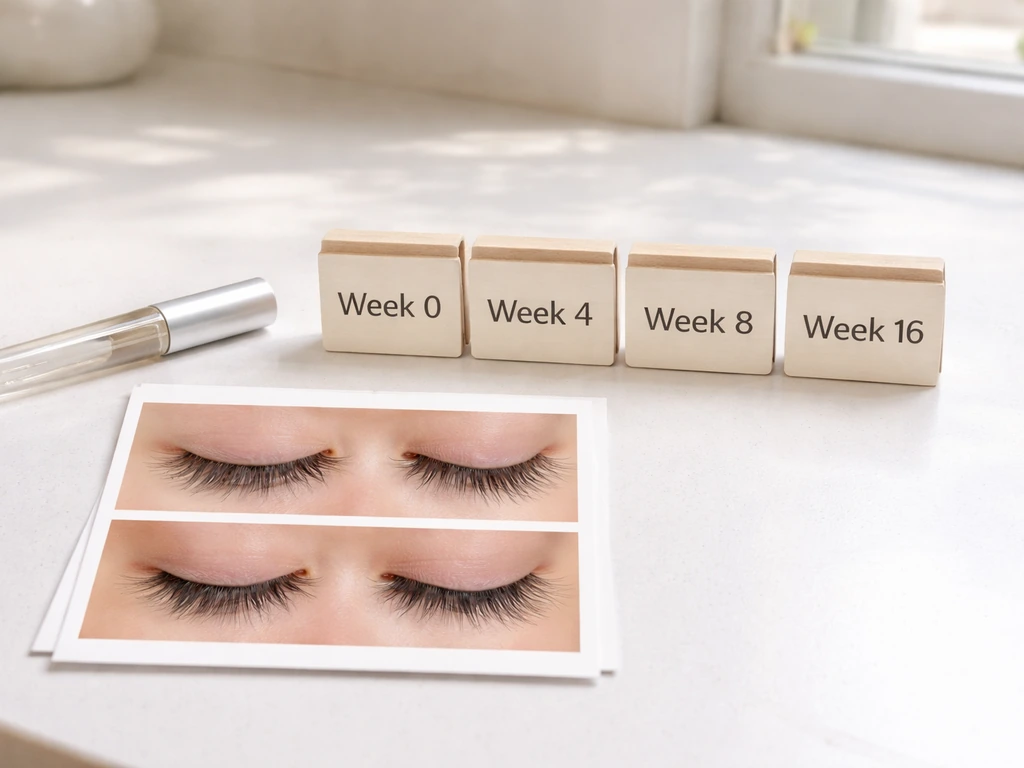 Minimal bathroom countertop with applicator, a small week timeline, and illustrative short-vs-long lashes.