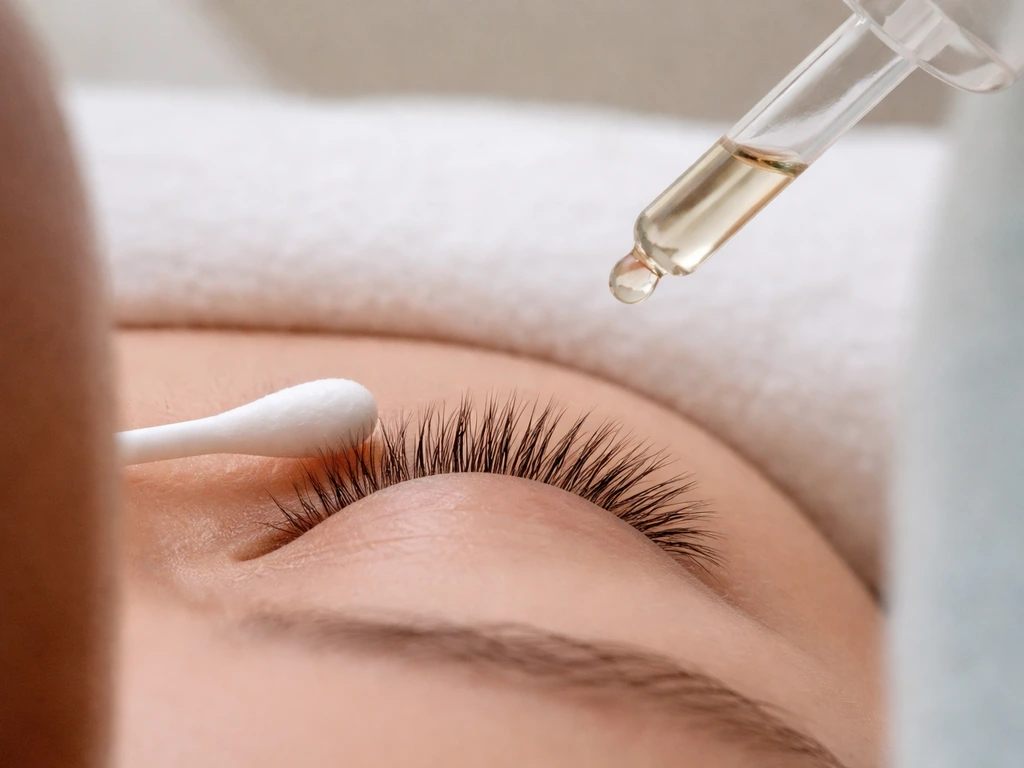 Close-up lash line with a clean swab and oil-based remover tools suggesting gentle recovery routine.