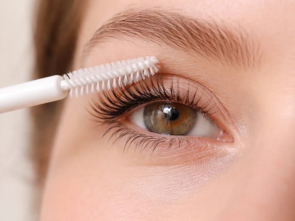 Close-up of an eyelid as a clean spoolie gently brushes eyelashes, showing safe eyelash care.