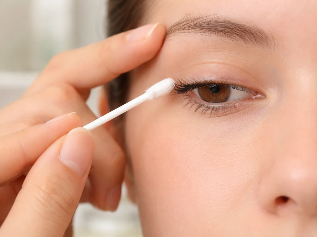 An anonymous hand applies petroleum jelly to lash tips with a cotton swab, keeping it off the lash line.