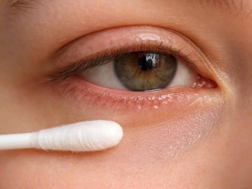Macro close-up of an eye area with eyelid margin emphasis and a cotton swab suggesting gentle hygiene.