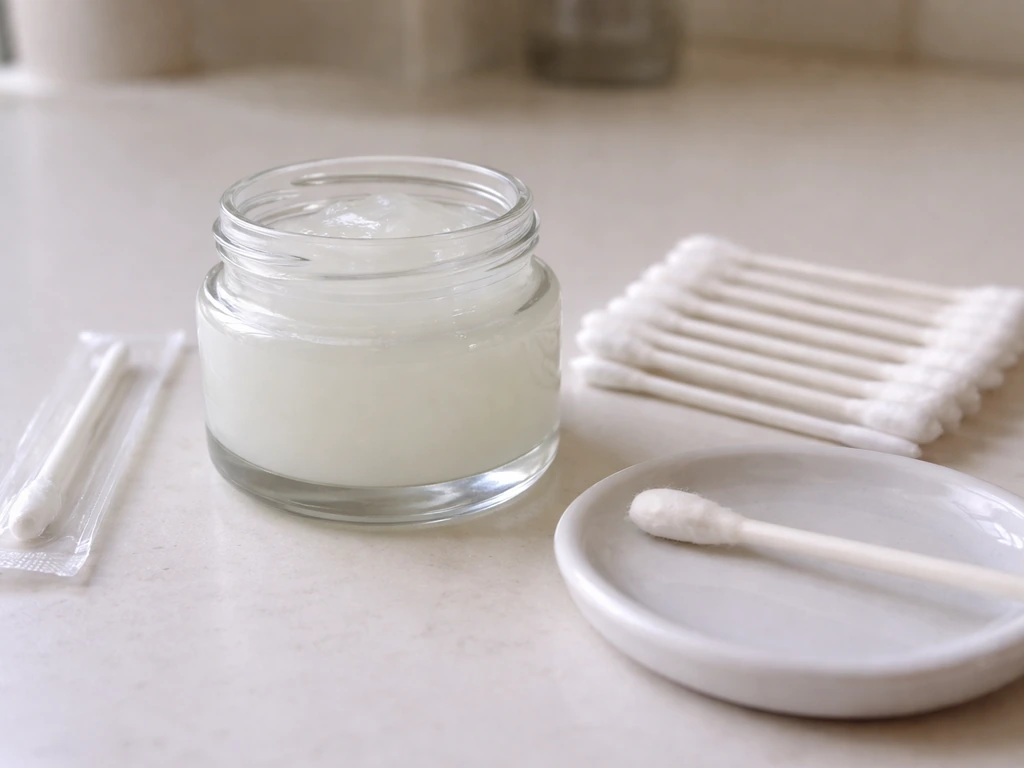 Close-up of a petroleum jelly jar with separate single-use cotton swabs for safe, clean application.