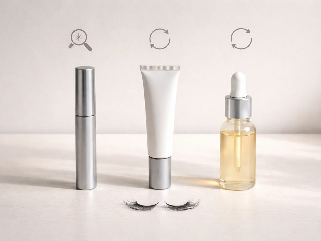 Minimal tabletop comparison of lash care options with small icons for serum, conditioner, and timeline cues.