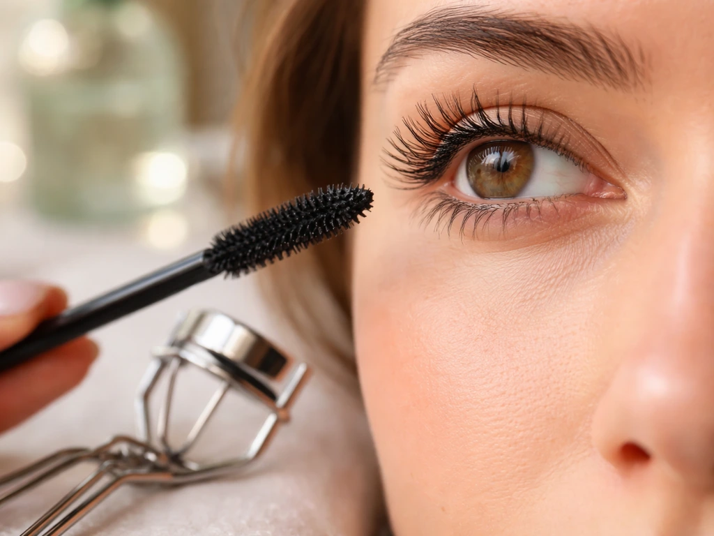 Close-up of eyelashes with an eyelash curler and mascara wand near the eye, natural light look.
