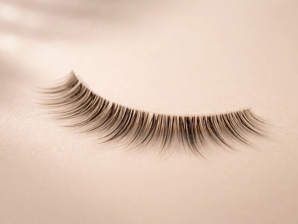Close-up of natural eyelashes resting on a softly lit vanity surface with subtle growth stage cues