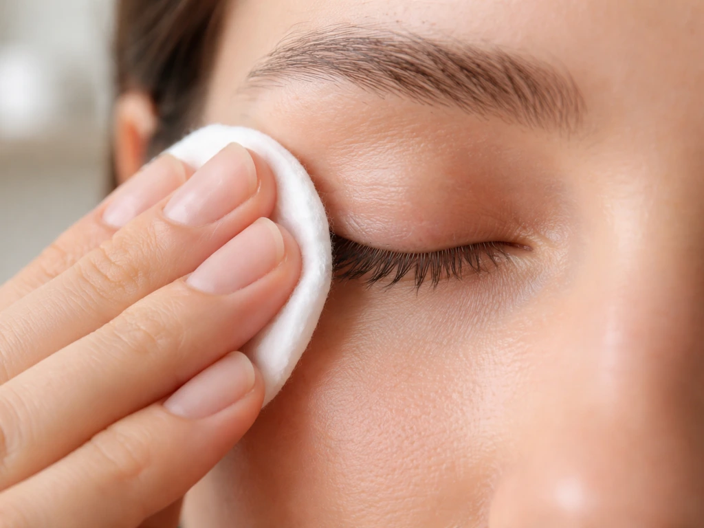 Close-up of cotton pad gently wiping a woman’s lash line for gentle cleansing