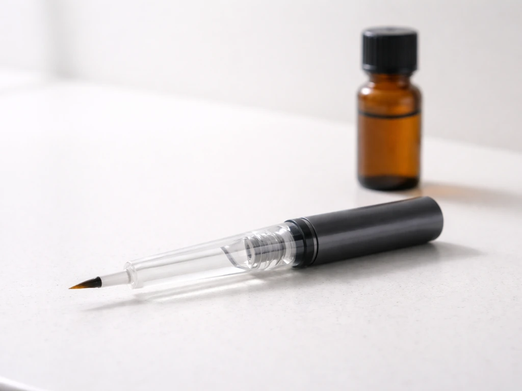 Close-up of an eyelash serum applicator dropper resting on a clean countertop with soft medical lighting