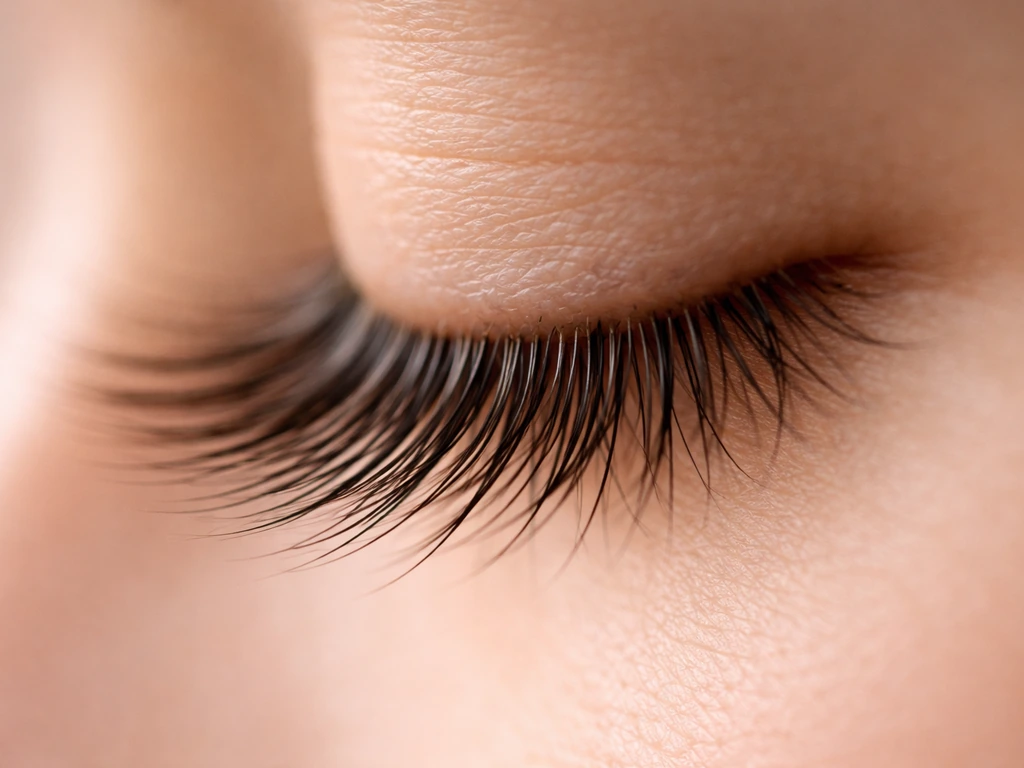 Macro side-on close-up of natural eyelashes with subtle thicker, longer-looking center lashes.