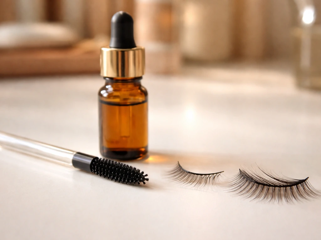 Close-up of castor oil lash application with a clean spoolie, bottle, and lashes
