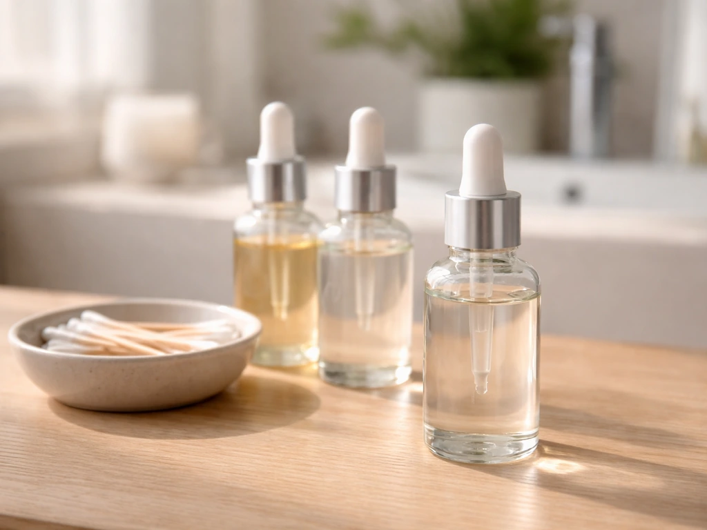 Minimal photo of skincare/lash ingredient bottles on a vanity with soft light, set for an evidence callout.
