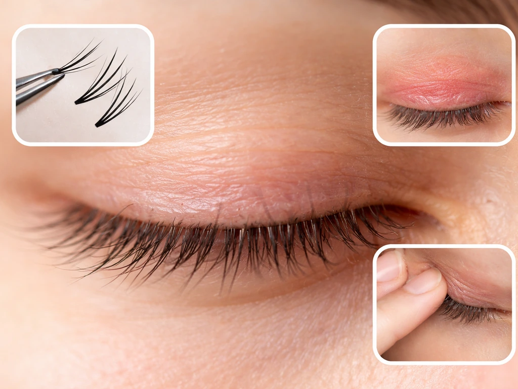 Macro close-up of a sparse lash line with small insets suggesting extensions, irritation, and rubbing.