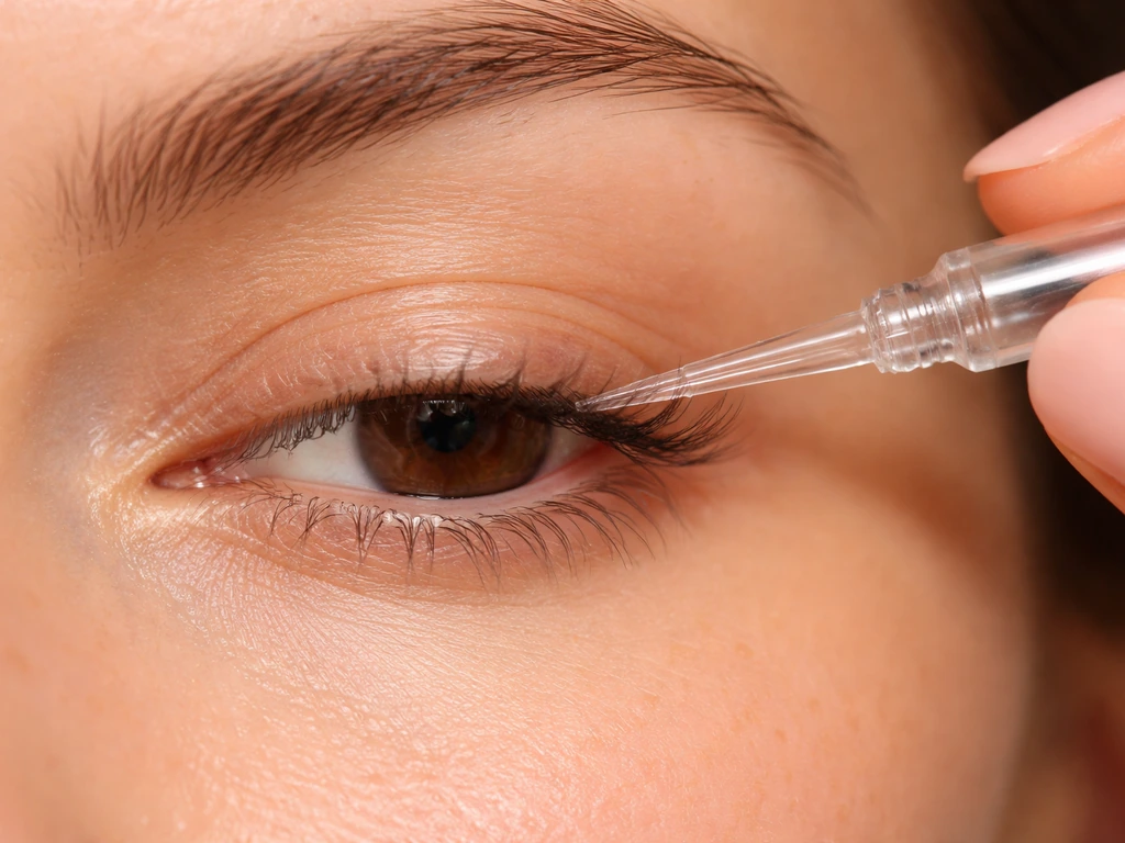 Close-up of a hand applying lash serum with a fine-tip applicator along the upper lash line