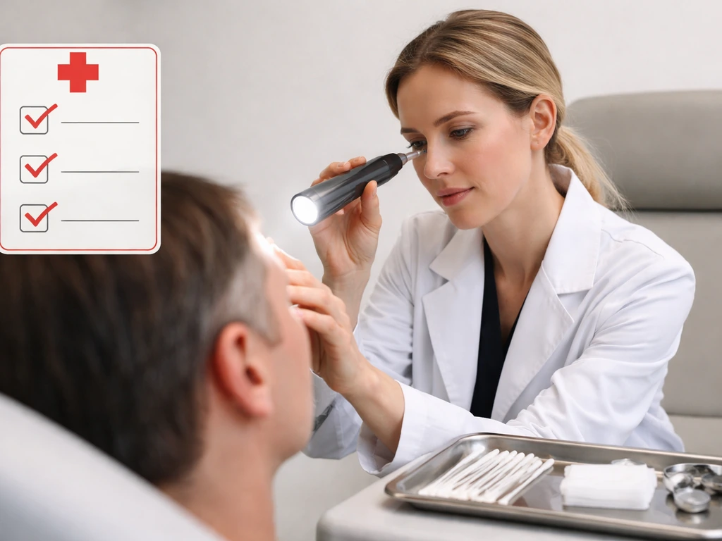 Dermatology clinic exam room with medical supplies and red checkmark guardrail icons, patient side view only.