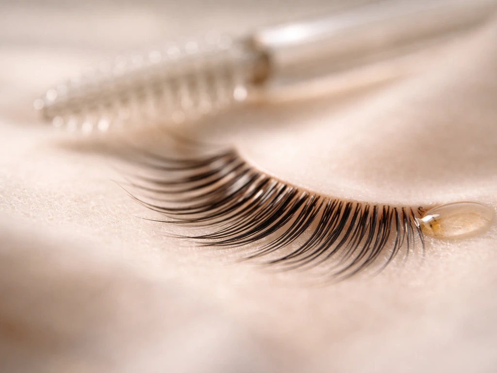 Macro close-up of healthy eyelashes with a blurred clear grooming wand suggesting lash care and results.
