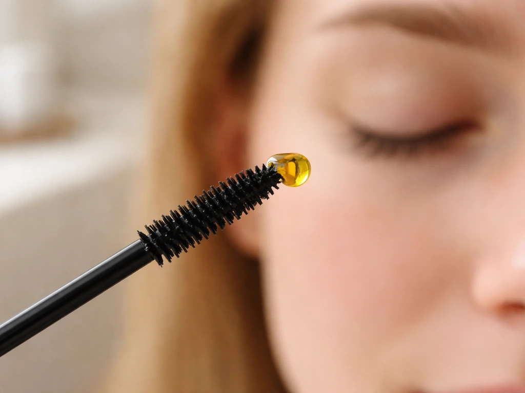 Small drop of avocado oil on a clean mascara wand with soft background of lashes and closed eye area
