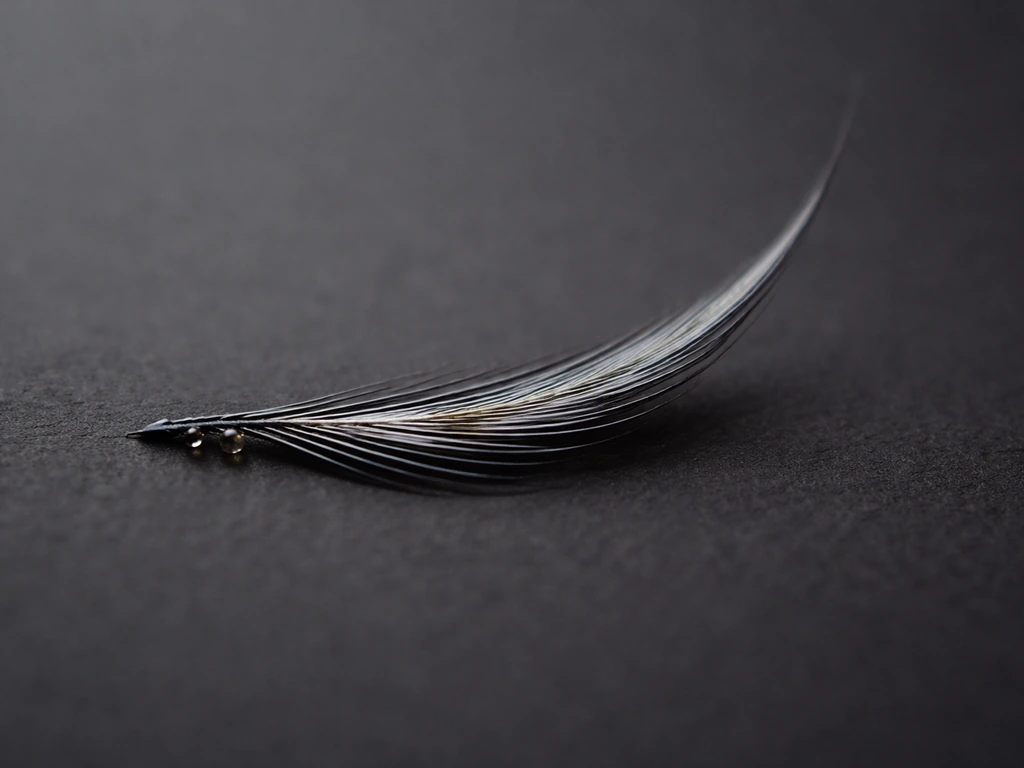 Macro view of a single lash hair shaft with an oil sheen and tiny droplets on a dark background.