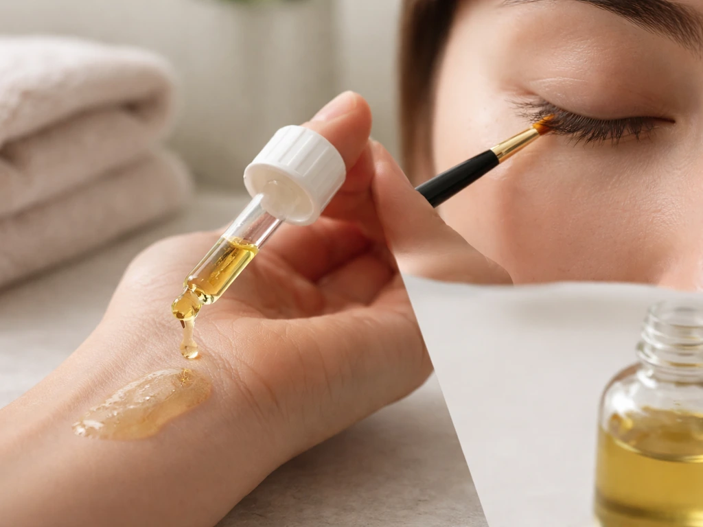 Close-up patch test on the wrist with avocado oil, plus a blurred lash base brush application near a closed eye.