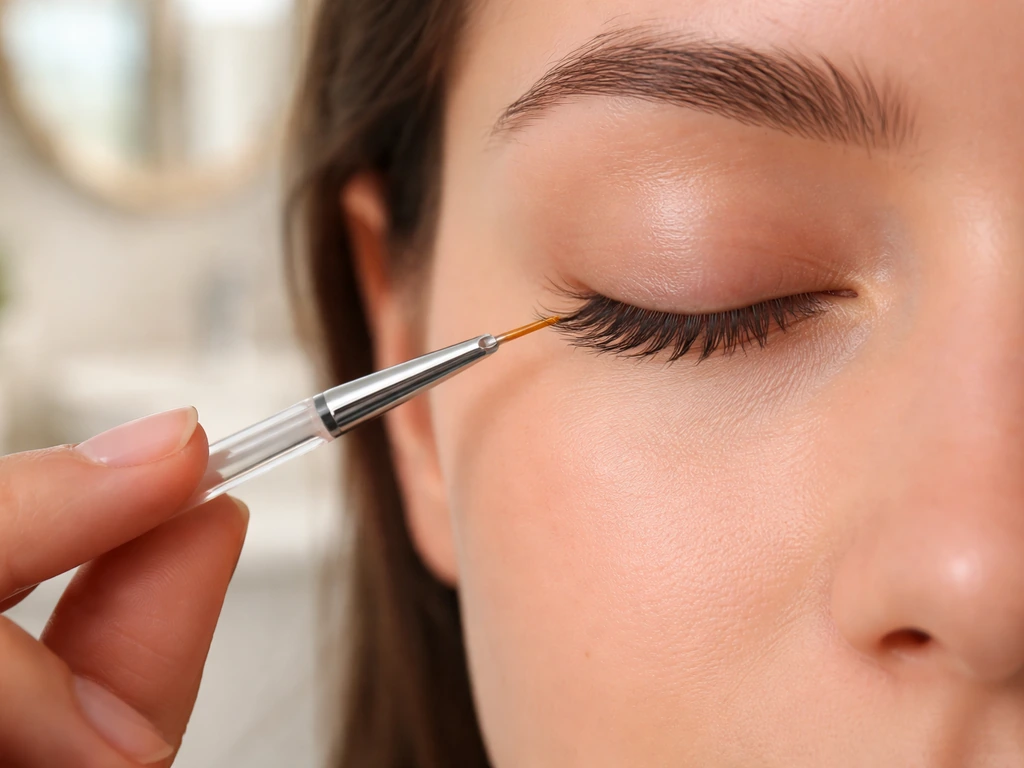 Closed eye with a precision lash serum brush poised at the lash line during careful at-home application.