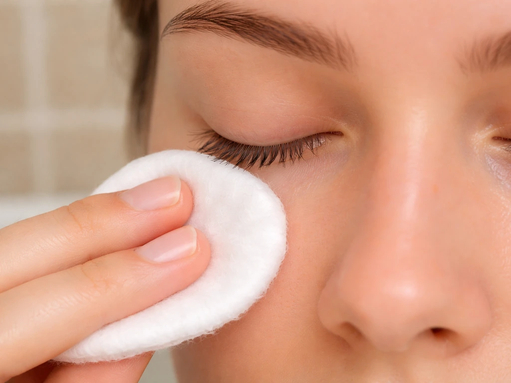 Closed eyes as a cotton pad gently wipes downward away from lashes over a bathroom sink.