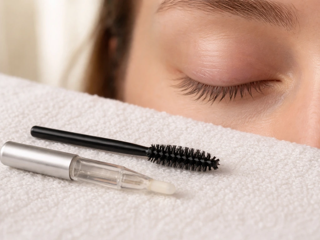 Sparse eyelashes with a clean spoolie and aftercare applicator on a neutral vanity