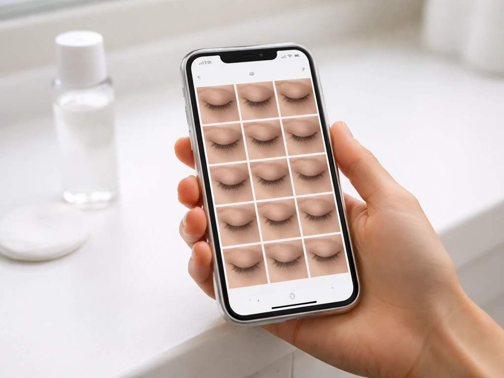 Hand holding a phone showing a simple grid of close-up lash photos on a bathroom counter.