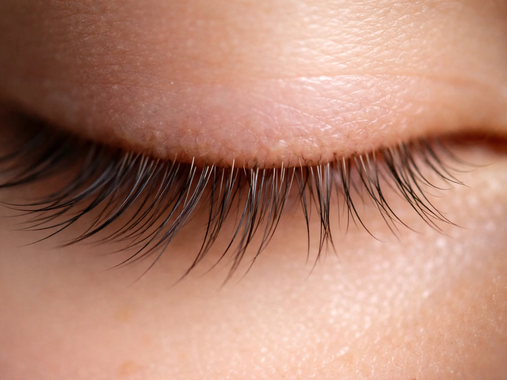 Macro view of eyelashes and follicle bases showing active growth vs resting shedding phases.