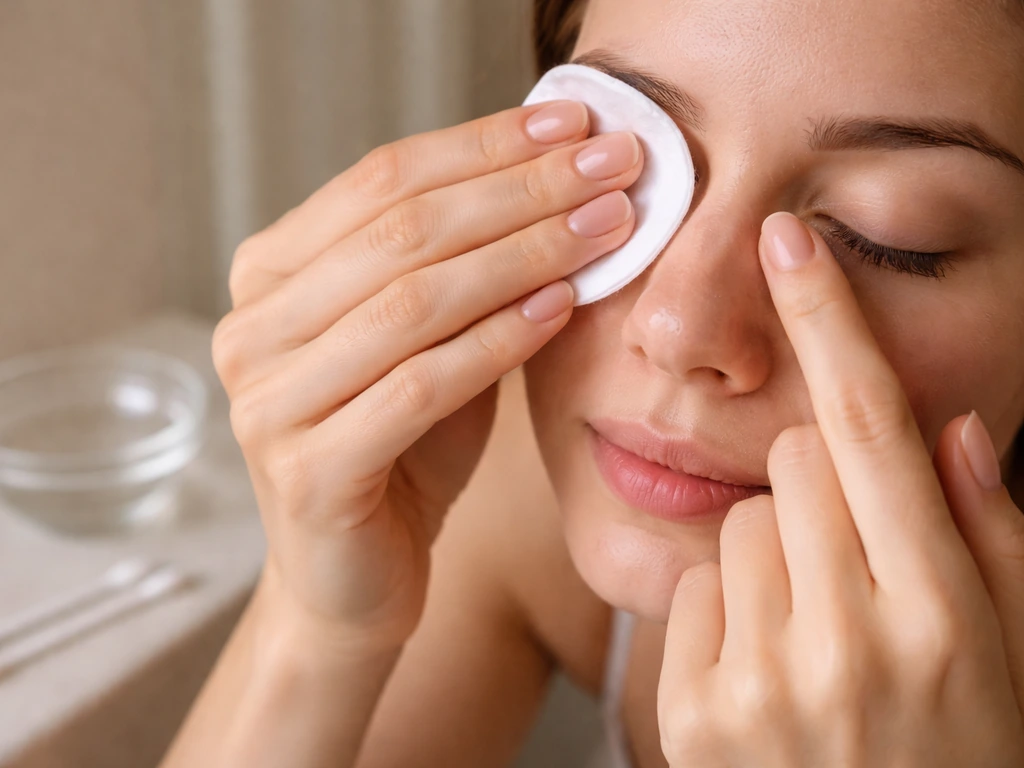 Anonymous hands gently removing eye makeup from the lash line with a cotton pad in a bathroom.
