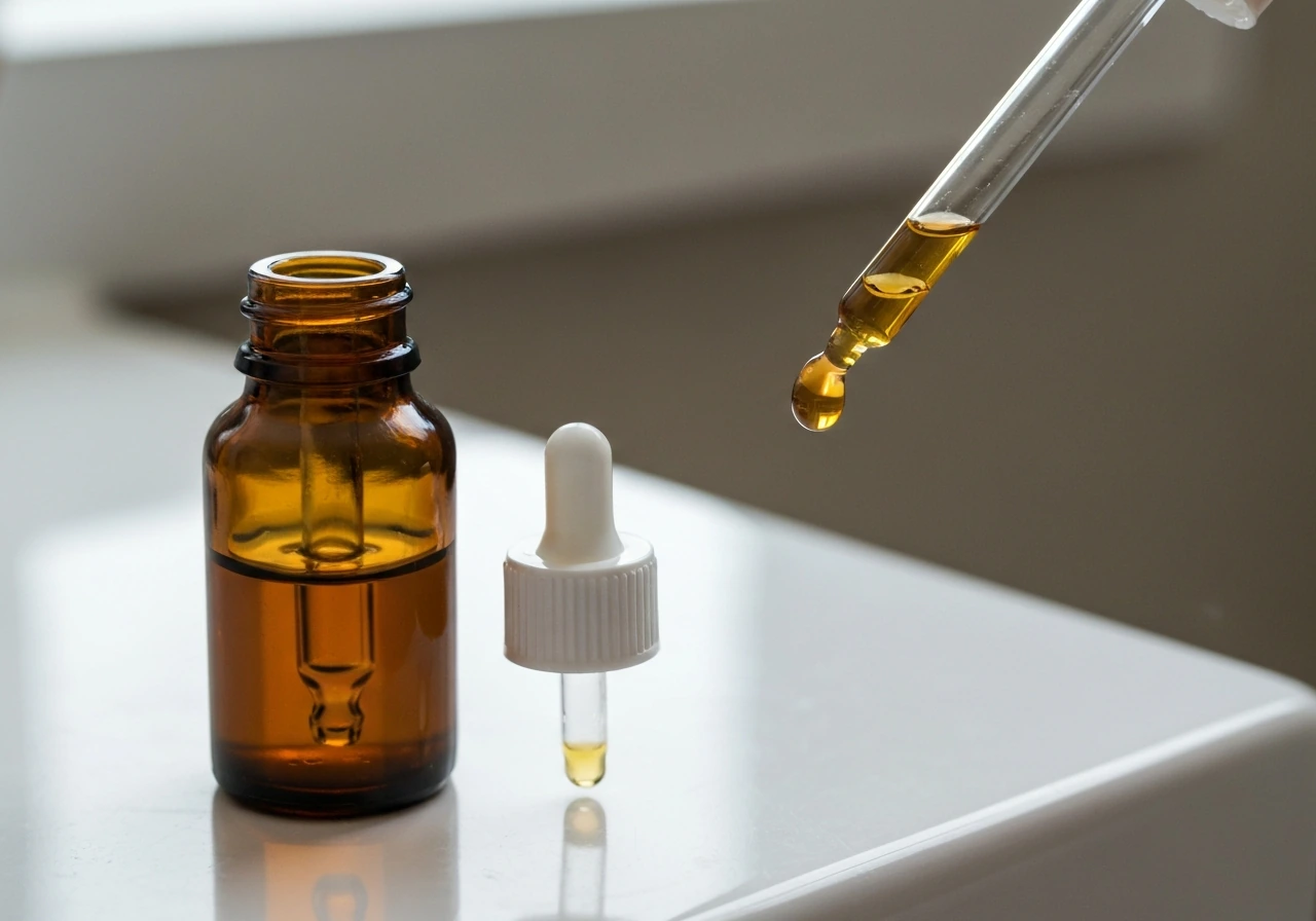 Close-up of castor oil dropper applying a single drop to the lash line on a clean vanity.
