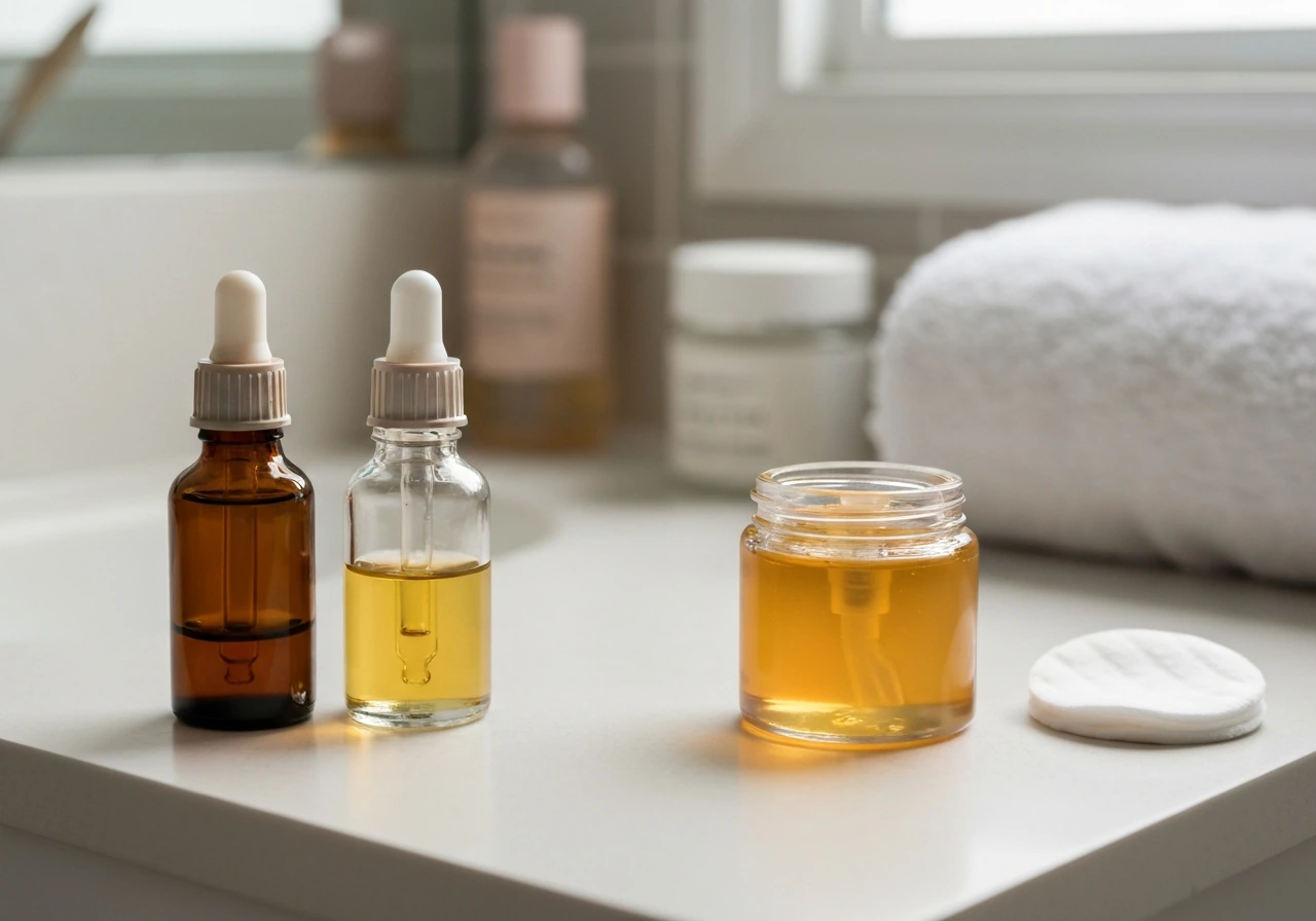 Minimal countertop scene with separate small bottles of ingredients and a safe overnight eye gel option