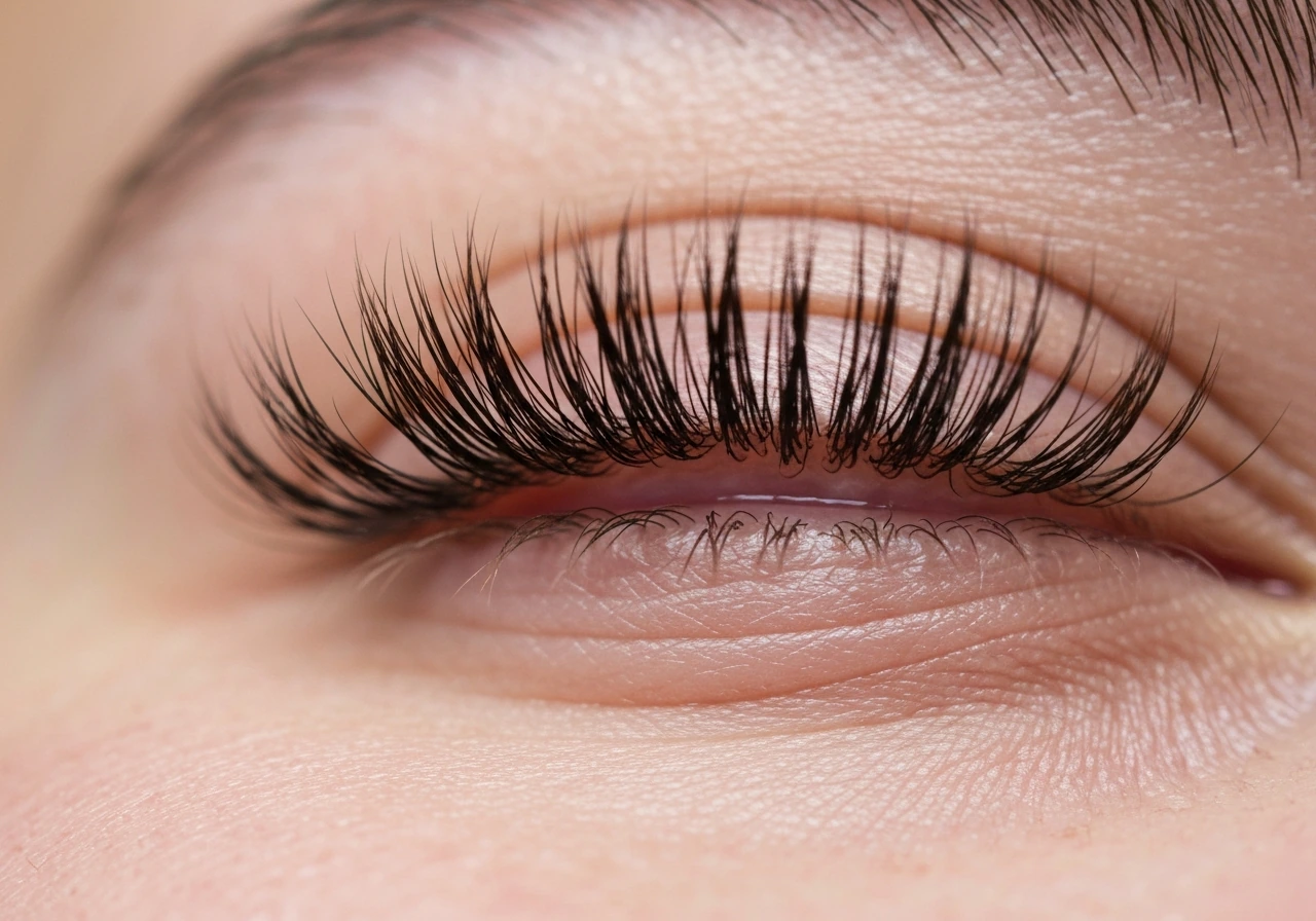 Macro close-up of natural upper eyelashes with realistic emphasis on length and density.