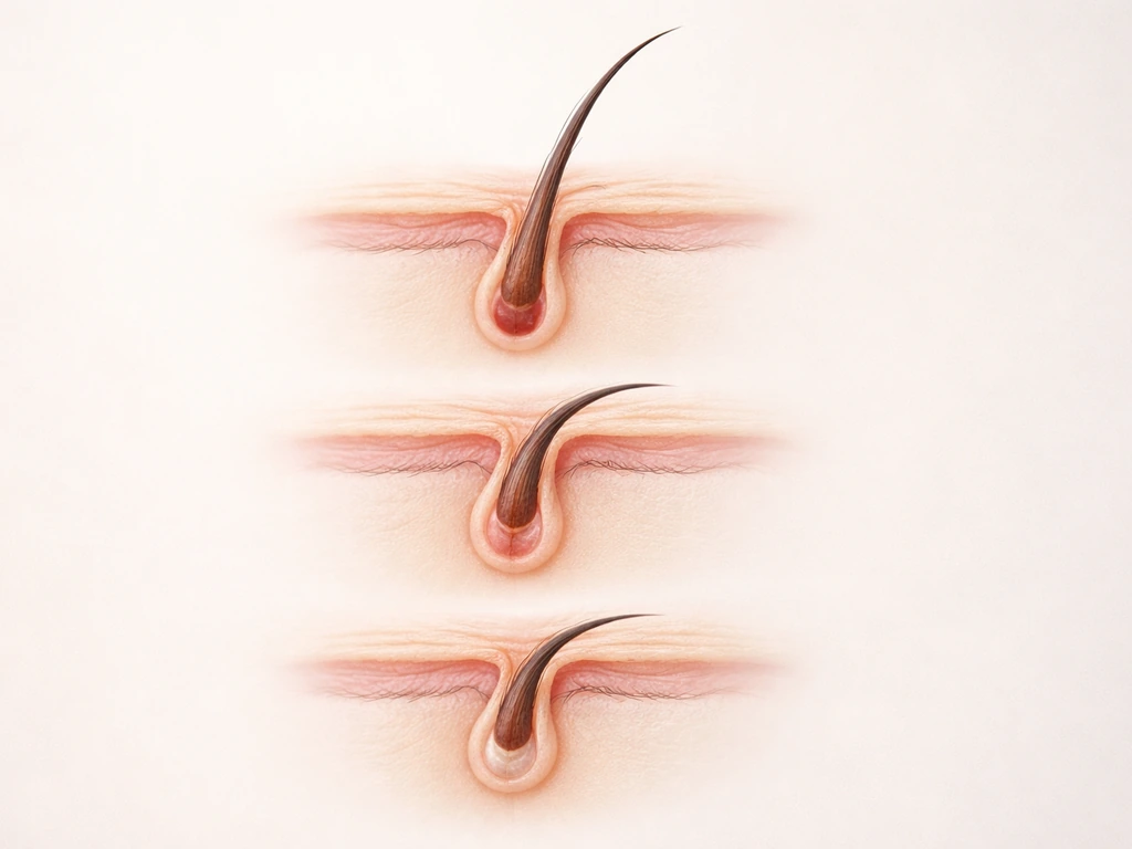 Close-up photo-real illustration of an eyelash follicle cycling through three growth phases.