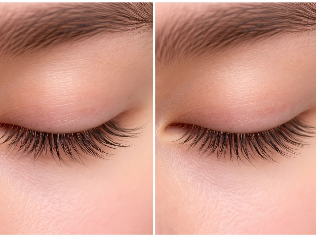Side-by-side close-up of lash line showing lashes appearing longer with reduced stress vs shorter with irritation.
