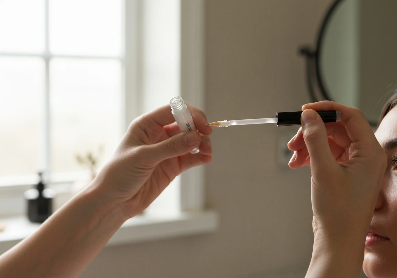 Hands applying an unbranded lash serum to the lash line with a small brush applicator