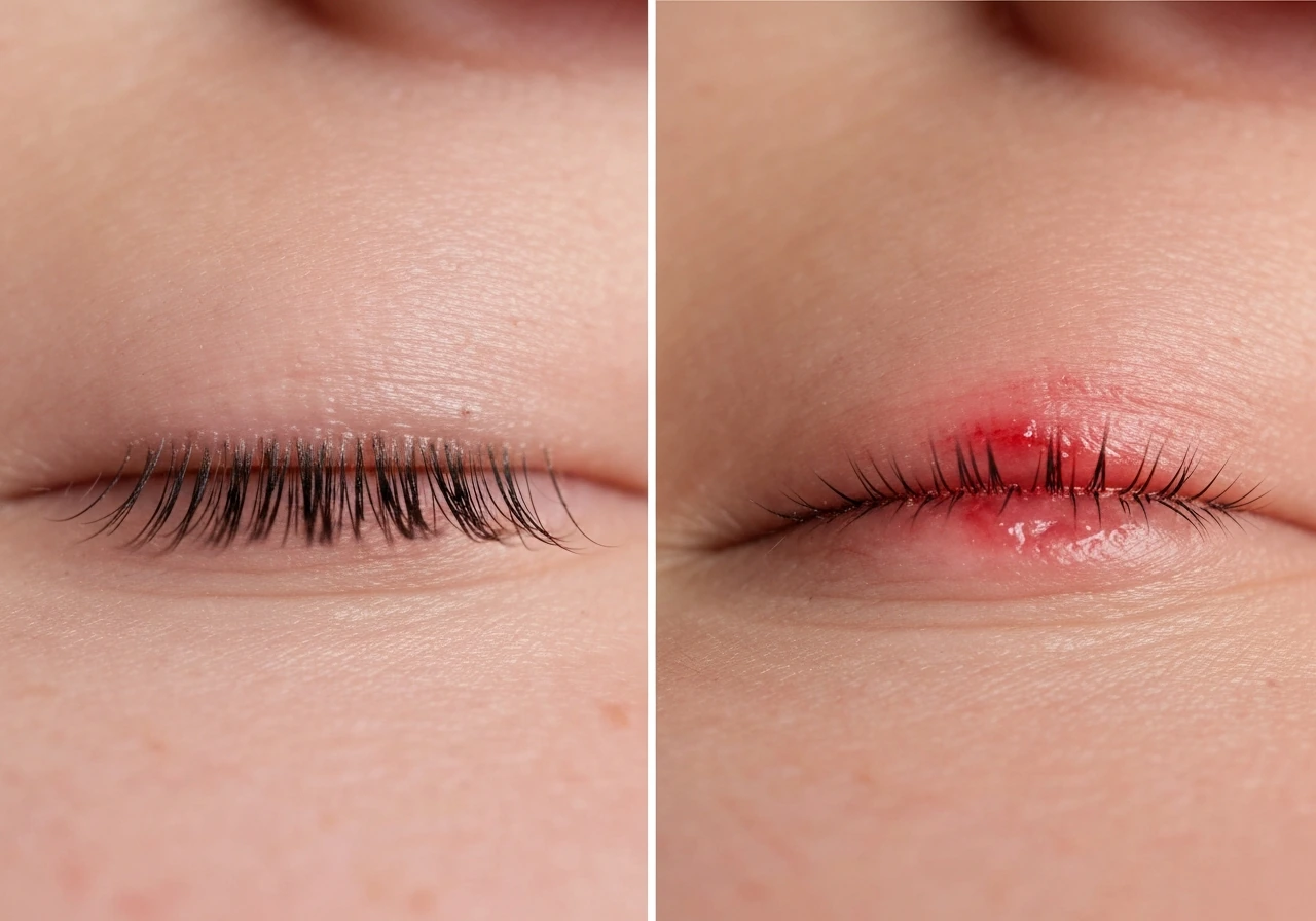 Split close-up comparison of a healthy lash line vs a sparse, irritated lash/follicle line.