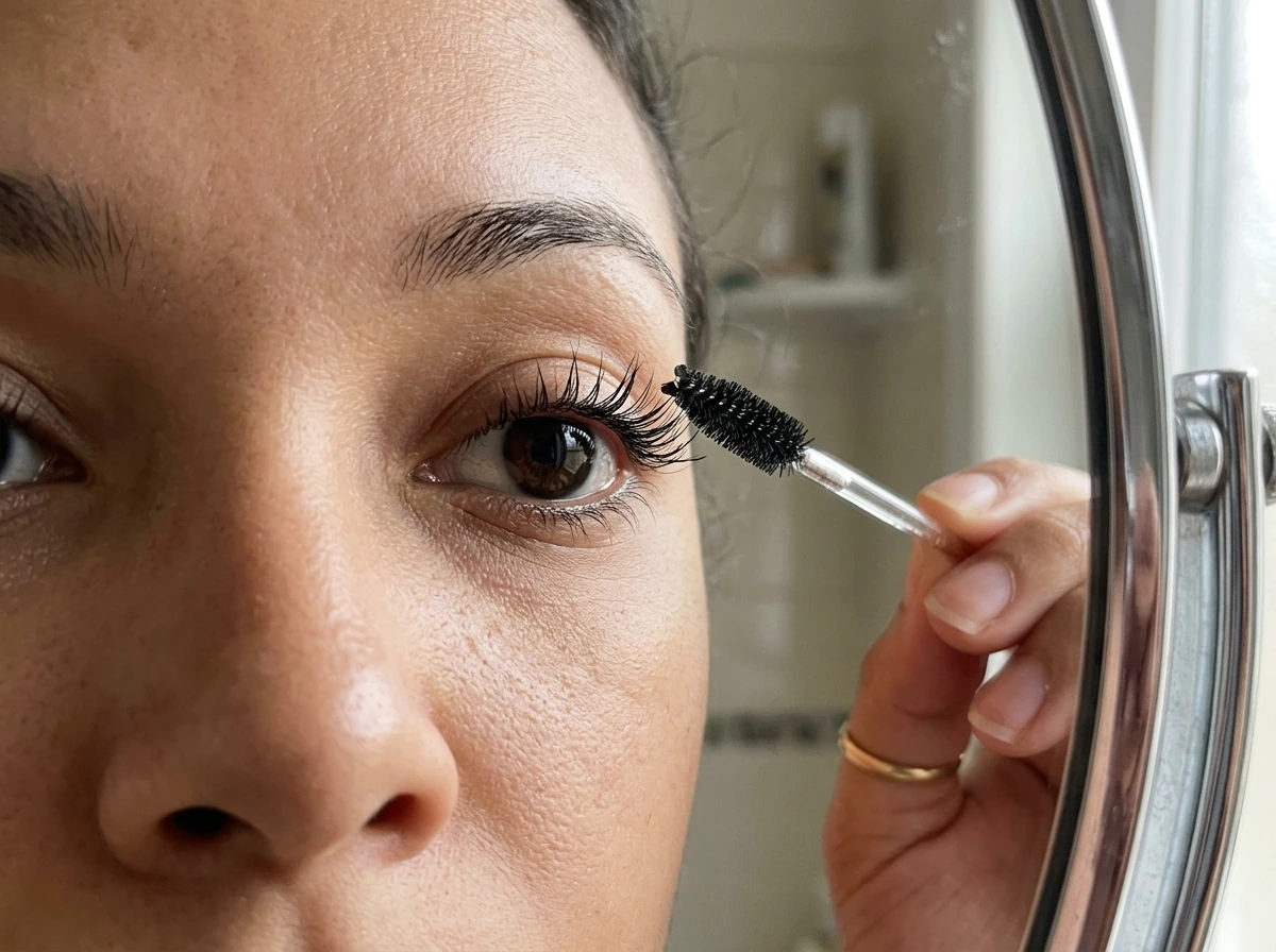 Close-up of a person gently brushing away eyelashes with a clean spoolie, showing a subtle mix of intact and broken lash