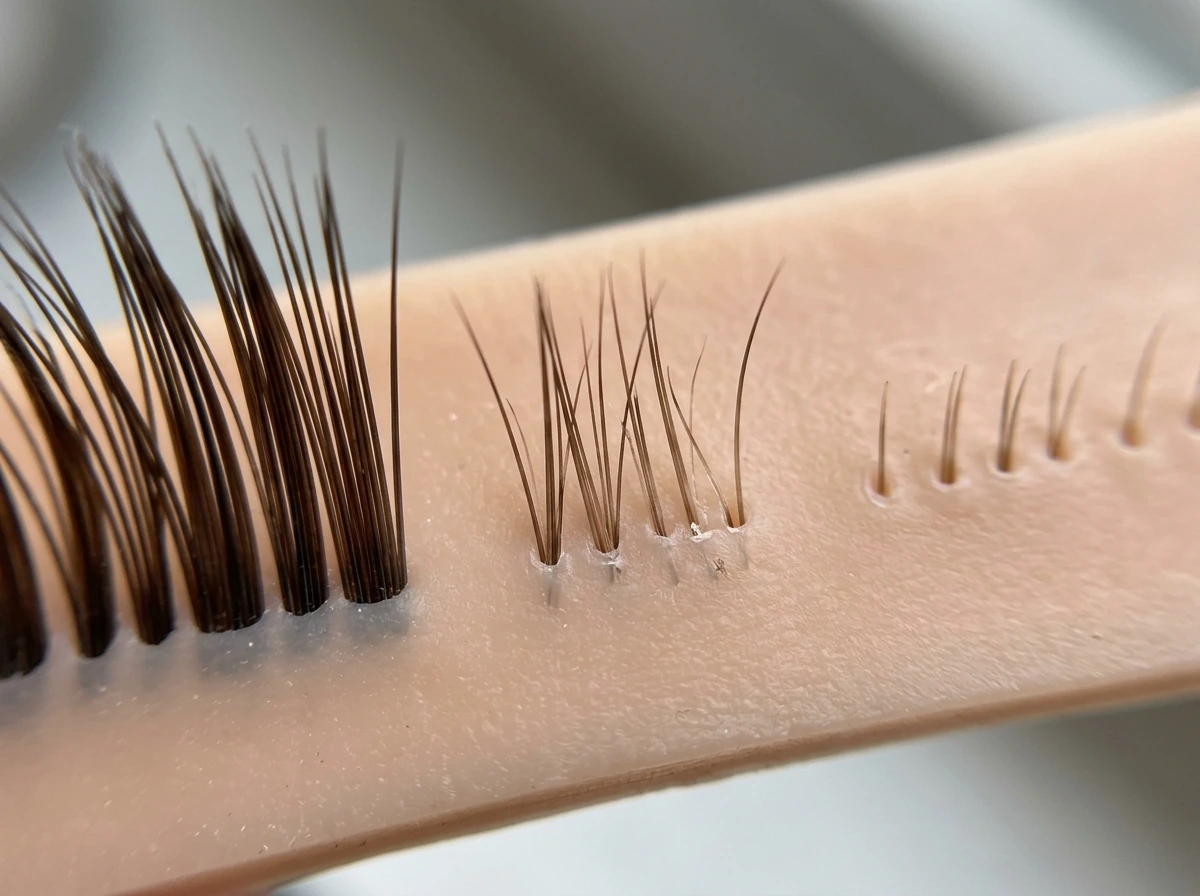 Eyelash growth cycle shown with staged lash segments (active growth, transition, resting)