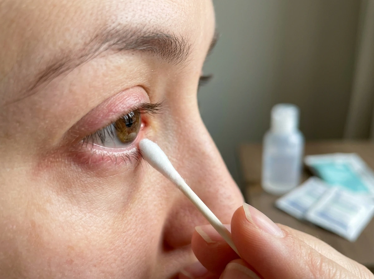 Gentle swab and eye-wash setup indicating eyelid inflammation and blepharitis
