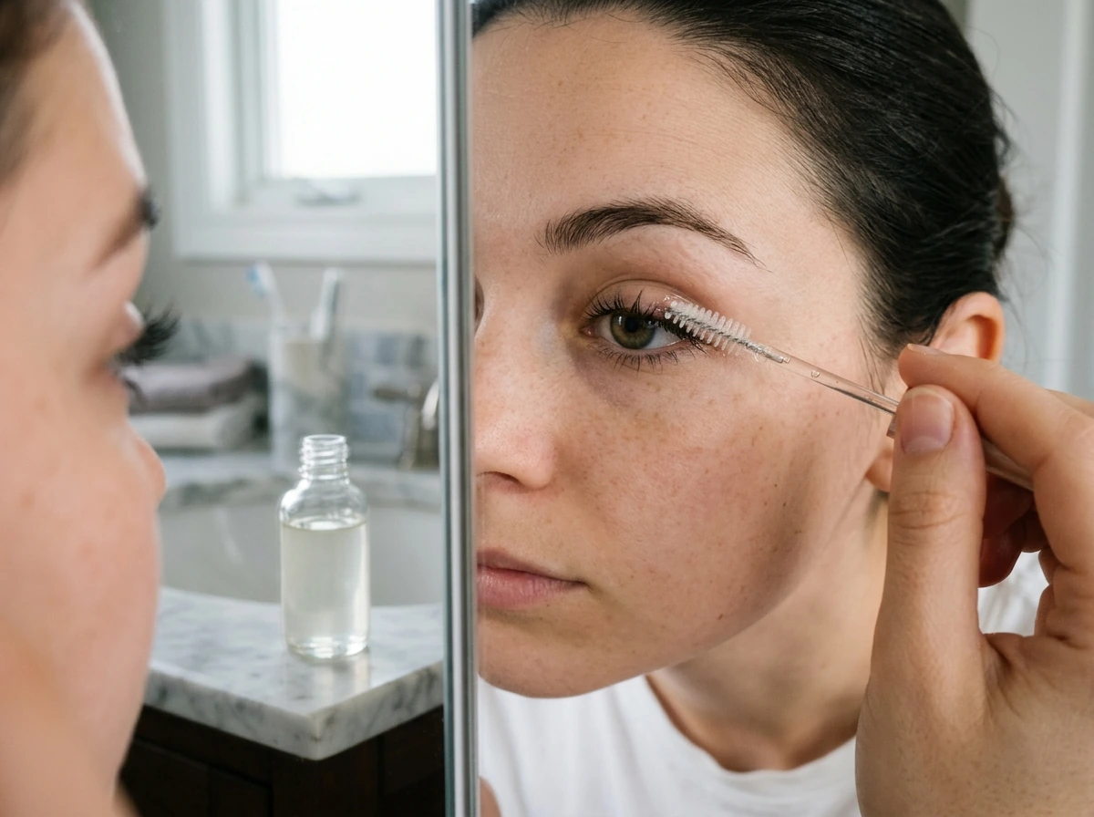Applying an eyelash growth serum with an applicator near the lash line