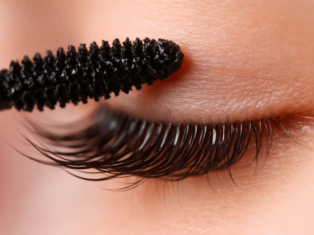 Macro close-up of a mascara wand coating curled eyelashes, with lashes looking glossy and lengthened.