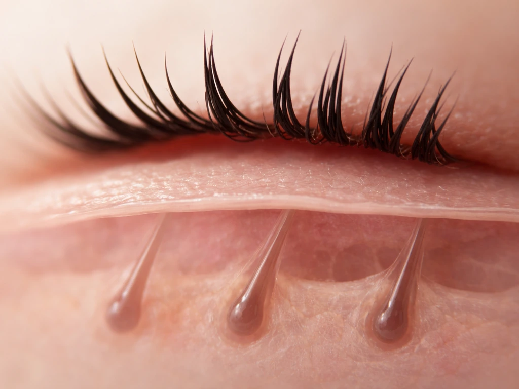 Macro cross-section of eyelid showing mascara coating only lashes while the follicle sits beneath skin.