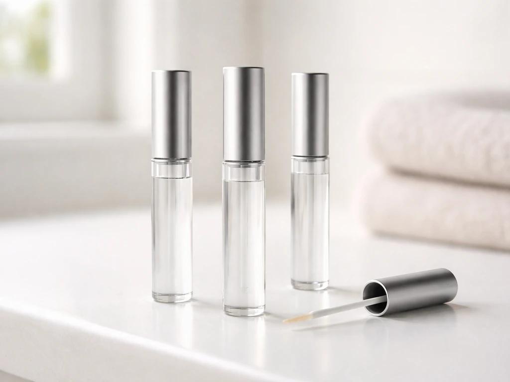 Minimal photo of lash serum bottles and dropper applicator arranged on a clean vanity surface.