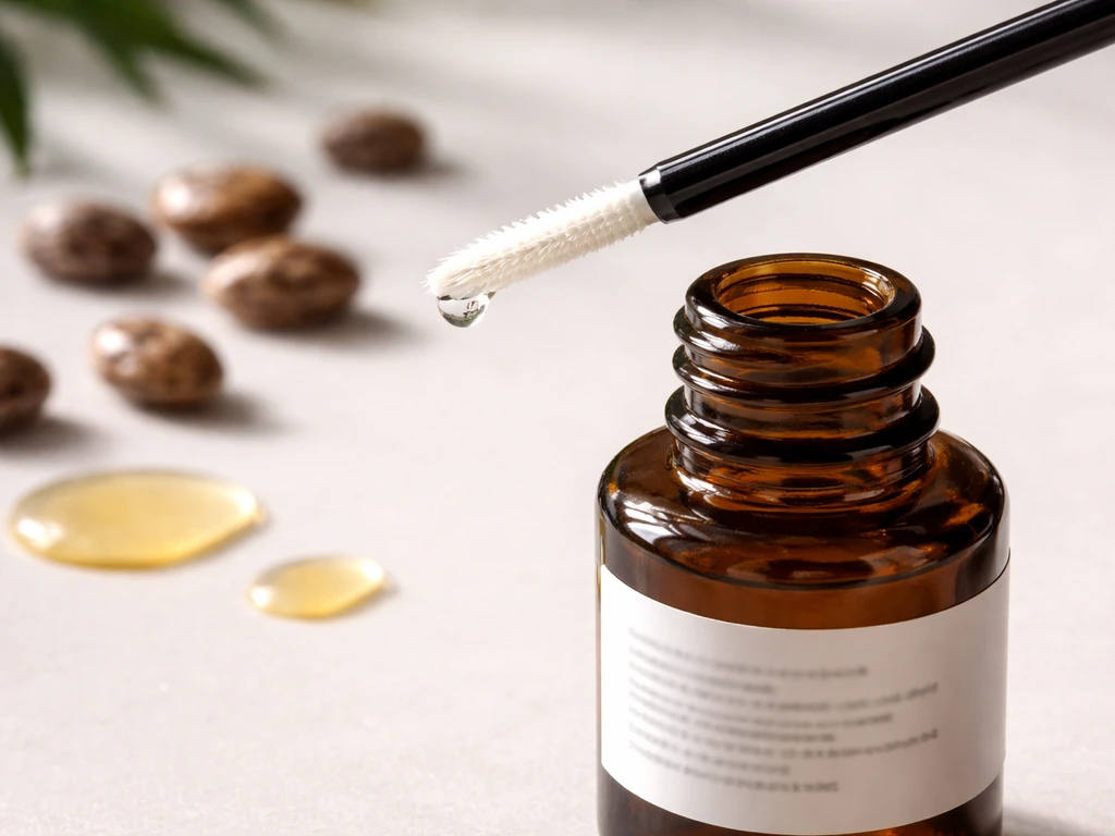 Close-up lash serum applicator tip resting beside an unlabeled product bottle with natural ingredient cues.