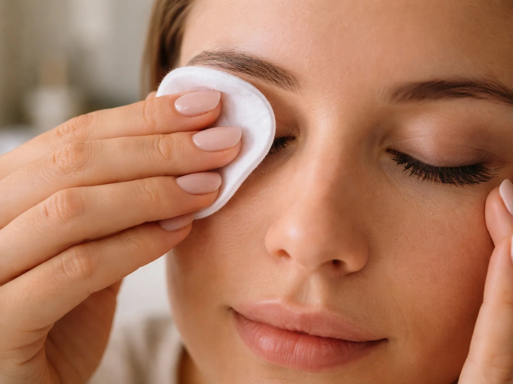 Anonymous hands gently removing mascara from eyelashes with a cotton pad and eye makeup remover at home.