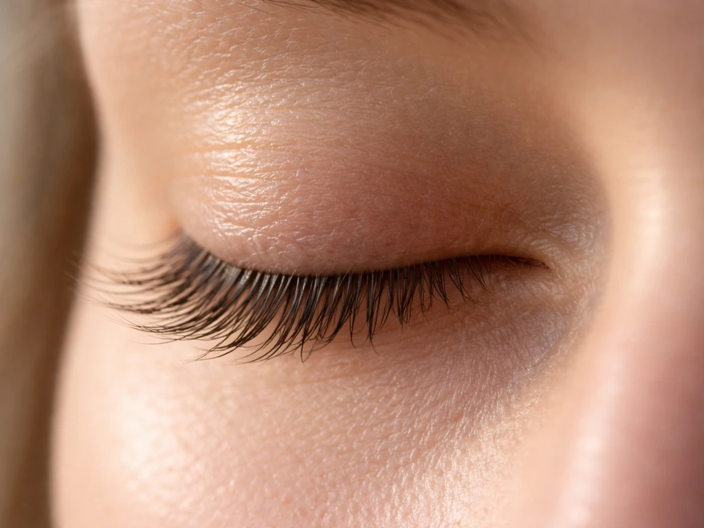 Macro close-up of upper eyelashes and eyelid skin texture with soft natural light.
