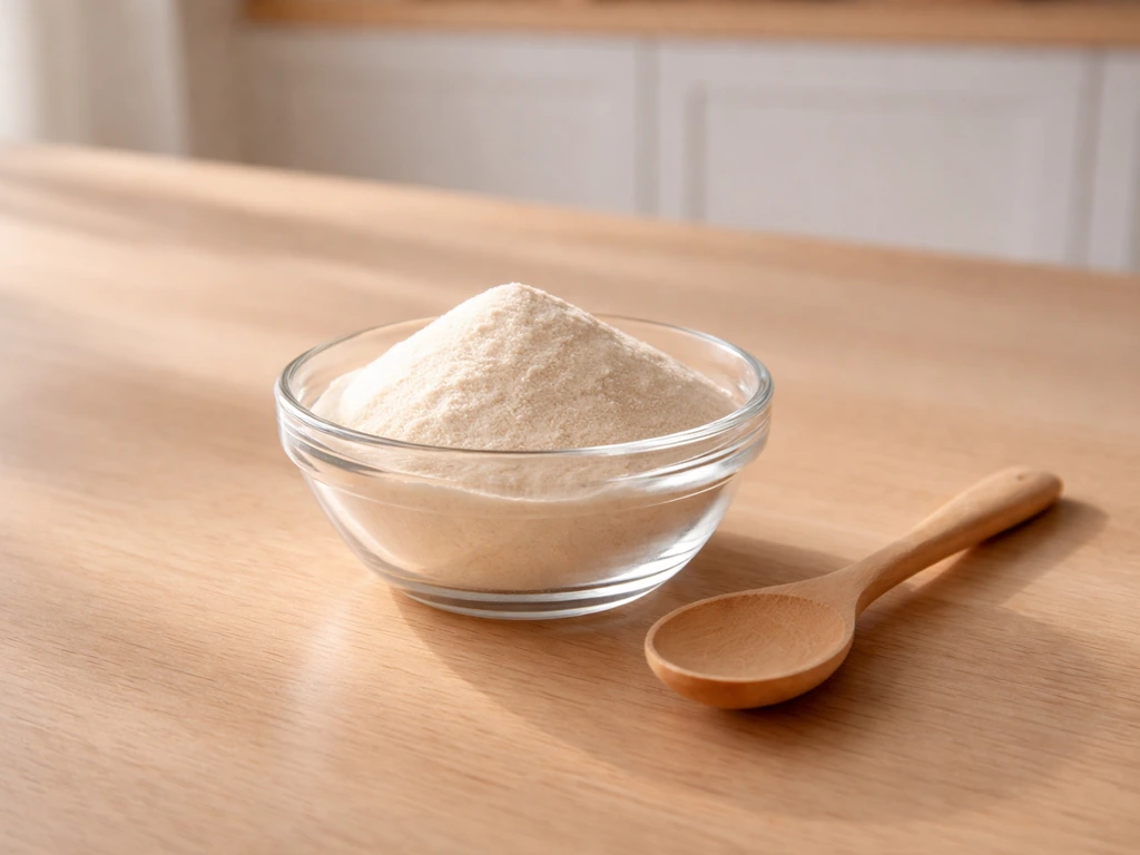 Small glass bowl of collagen powder with a simple wooden spoon on a clean kitchen counter