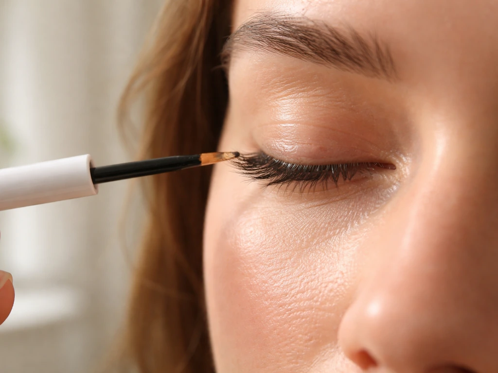 Close-up of a single-use wand applying prescription lash serum near an eyelash line.